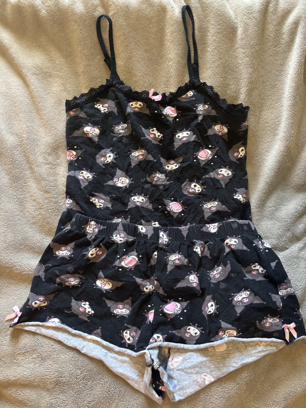 Sanrio Black Printed Cami and Short Pajama Set with Pink Accents